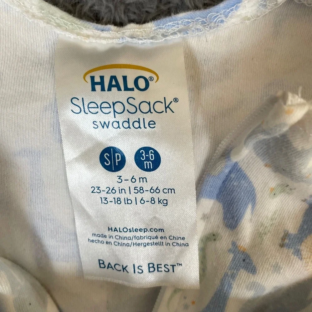 Halo SleepSack Swaddle 3-6M Sml Blue Unisex Safari Animal Elephant Giraffe Lion